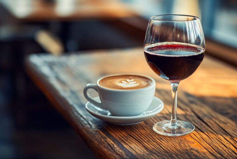 Cup of coffee and glass of red wine on a table